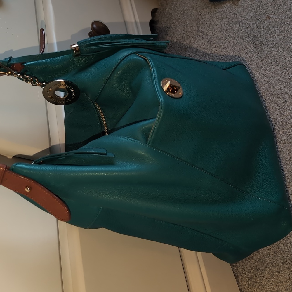 Isaac Mizrahi Turquoise and Tan Shoulder Bag - Picture 1 of 11